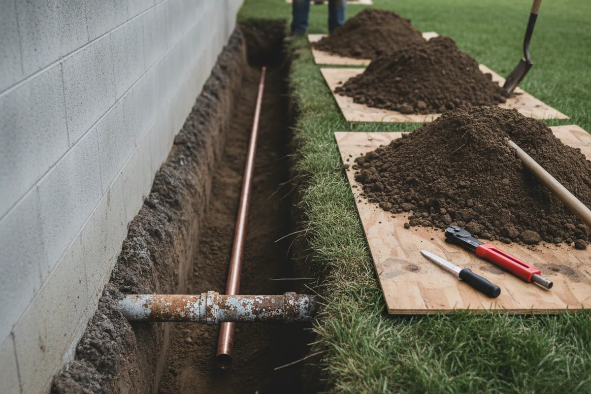 Excavated water line trench during Water Softener Installation in Ashville